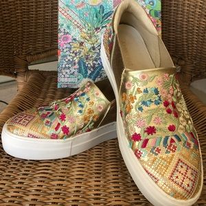 Johnny Was embroidered slip on sneaker/loafer. Gold leather, size 38